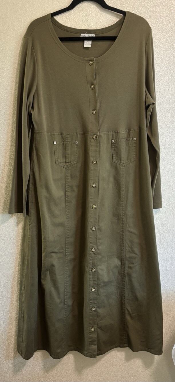 Vintage Chelsea Studio Maxi Dress Olive Long Sleeve Cottage Lagenlook Size XL